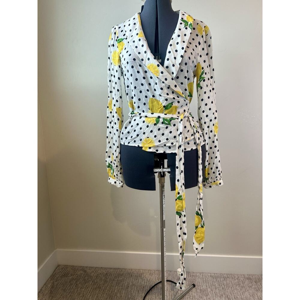 Lovers + Friends Mikayla Lemon Polka Dot Balloon Sleeve Wrap Blouse SZ S - Picture 3 of 11